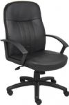 Boss Office Products B8106 Executive Leather Budget Chair, Beautifully upholstered In black LeatherPlus, LeatherPlus is leather that is polyurethane infused for added softness and durability, Passive ergonomic seating with built in lumbar support, Upright locking position, Dimension 27 W x 27 D x 40.5-44 H in, Frame Color Black, Cushion Color Black, Seat Size 20" W x 19" D, Seat Height 18" -21.5" H, Arm Height 25"-28.5" H, UPC 751118810615 (B8106 B8-106) 