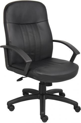 Boss Office Products B8106 Executive Leather Budget Chair, Beautifully upholstered In black LeatherPlus, LeatherPlus is leather that is polyurethane infused for added softness and durability, Passive ergonomic seating with built in lumbar support, Upright locking position, Dimension 27 W x 27 D x 40.5-44 H in, Frame Color Black, Cushion Color Black, Seat Size 20