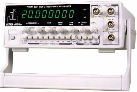 Protek B821 Sweep Function Generator and Frequency Counter, 0.2Hz to 20MHz Frequency Output, Built-in 8 digit 3.0GHz Frequency Counter, Internal and External linear Sweep control,  Built-in 8 digit 3.0GHz Frequency Counter, Attenuator 20dB fixed and continuously variable-20dB, Impedance 50W 0.5%, Frequency Accuracy 5% of full scale (B821 B 821 B-821 ProtekB821 Protek B821 Protek-B821) 