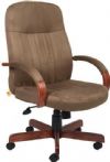 Boss Office Products B8386-DKC Microfiber Exec. Chair W/ Dark Oak Finish; Beautifully upholstered in Cappuccino Microfiber with a dark oak wood finish; Passive ergonomic seating with built in lumbar support; Hardwood arms accented with upholstered pads; Hardwood caps, on 27" steel leg base, for greater stability; Dimension 27 W x 27 D x 40.5-44 H in; Frame Color Dark Oak; Cushion Color Cappuccino; Seat Size 20" W x 19" D; UPC 751118838633 (B8386DKC B8386-DKC B8-386DKC) 
