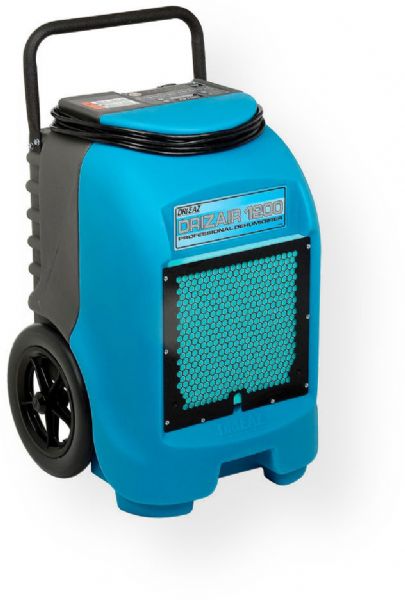 Dri-Eaz 104677 Model 1200 DrizAir Dehumidifier, Blue; Auto Pumpout; 115V, 145 Pints; Rugged Rotomolded Housing; Electronic Touch-Pad Controls; Semi-Pneumatic Wheels; Built-In Duct Attachment Ring; Automatic Restart; Stackable; 4-PRO Filter; 227 CFM Process Air Output; Hot-gas Bypass Defrost; 40 ft Drain Hose; 25 ft Cord; Removes up to 18 Gallons a Day; Dimensions 20