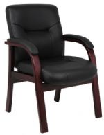 Boss Office Products B8909 Executive Leather Guest Chair W/ Mahogany Finished Wood, Beautifully upholstered in Black Italian Leather, Matching hard wood arms with removable pads, Passive ergonomic seating with built in lumbar support, Matching guest chair for models B8901 & B8906, Dimension 24.5 W x 28 D x 36 H in, Cushion Color Black, Seat Size 21" W x 20.5" D, Seat Height 19" H, Arm Height 25" H, UPC 751118890716 (B8909 B8909 B8909) 