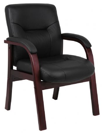 Boss Office Products B8909 Executive Leather Guest Chair W/ Mahogany Finished Wood, Beautifully upholstered in Black Italian Leather, Matching hard wood arms with removable pads, Passive ergonomic seating with built in lumbar support, Matching guest chair for models B8901 & B8906, Dimension 24.5 W x 28 D x 36 H in, Cushion Color Black, Seat Size 21