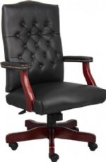Boss Office Products B8996-C Mid Back Executive Wood Finished Chairs; Beautifully upholstered with soft, durable and breathable CaressoftPlus upholstery; Dacron filled top cushions with perforated centers; Cherry finished wood; Heavy duty 2 paddle spring tilt mechanism with infinite tilt lock; Dimension 27 W x 27 D x 39.5 -43 H in; Fabric Type CaressoftPlus; Frame Color Cherry; Cushion Color Black; Seat Size 21"W X 20"D; Seat Height 18.5"-22"H; UPC 751118500073 (B8996C B8996-C B-8996C) 