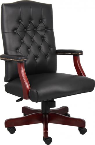 Boss Office Products B8996-C Mid Back Executive Wood Finished Chairs; Beautifully upholstered with soft, durable and breathable CaressoftPlus upholstery; Dacron filled top cushions with perforated centers; Cherry finished wood; Heavy duty 2 paddle spring tilt mechanism with infinite tilt lock; Dimension 27 W x 27 D x 39.5 -43 H in; Fabric Type CaressoftPlus; Frame Color Cherry; Cushion Color Black; Seat Size 21