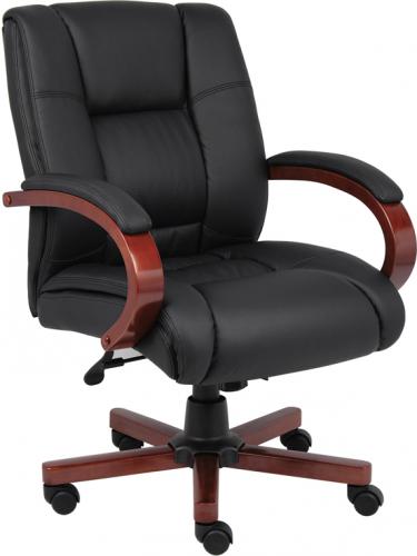 Boss Office Products B8999-C Mid Back Wood Finished Guest Chairs; Beautifully upholstered with soft, durable and breathable CaressoftPlus upholstery; Dacron filled top cushions with perforated centers; Cherry finished wood; Dimension 26 W x 23 D x 39 H in; Frame Color Cherry; Cushion Color Black; Seat Size 21