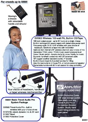 Amplivox B9051 Basic Travel Audio Pro Wireless System Package for Crowds up to 5000, Includes: SW905 Wireless Travel Audio Pro 100Watts PA (with built-in wireless receiver, your choice of mic and transmitter), S1080 Heavy duty tripod, S1990 Protective cover (B-9051 B 9051)