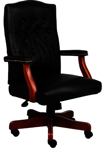 Boss Office Products B915-BK Executive Black Leather Chair With Cherry Finish, Classic traditional button tufted styling, Elegant traditional Cherry finish on all wood components, Hand applied brass nails, Dimension 27 W x 28 D x 43-46.5 H in, Fabric Type LeatherPlus, Frame Color Cherry, Cushion Color Black, Seat Size 24