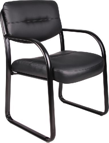 Boss Office Products B9529 Leather Sled Base Side Chair W/ Arms, Fully upholstered in Black Leatherplus, Polished tubular steel frame coated with Black scratch resistant finish, Thick contoured cushions for added comfort support, Moves smoothly over hard surface ad plush carpeting, Dimension 23 W x 24.5 D x 34.5 H in, Fabric Type LeatherPlus, Frame Color Black, Cushion Color Black, Seat Size 20