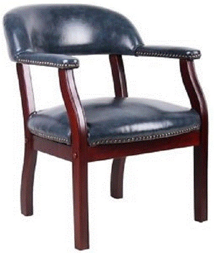 Boss Office Products B9540-BE Captain'S Chair In Blue Vinyl, Classic traditional styling, Hand applied individual brass nail head trim, Traditional Mahogany wood finish, Sturdy hardwood frame, Dimension 24 W x 26 D x 31 H in, Frame Color Mahogany, Cushion Color Black, Seat Size 22