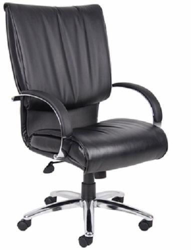 Boss Office Products B9701 High Back Black Leatherplus Executive Chair, Executive leather chair, Upholstered with Black Leather Plus, LeatherPlus is leather that is polyurethane infused for added softness and durability, Dacron filled top cushions, Dimension 27 W x 27 D x 44-47.5 H in, Fabric Type LeatherPlus, Frame Color Black, Cushion Color Black, Seat Size 21