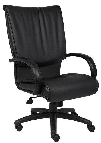 Boss Office Products B9702 High Back Black Leatherplus Executive Chair W/ Knee Tilt, Executive leather chair, Upholstered with Black Leather Plus, LeatherPlus is leather that is polyurethane infused for added softness and durability, Dacron filled top cushions, Dimension 27 W x 27 D x 44-47.5 H in, Fabric Type LeatherPlus, Frame Color Black, Cushion Color Black, Seat Size 21