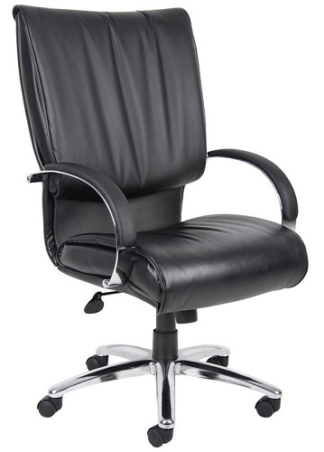 Boss Office Products B9702C High Back Black Leatherplus Executive Chair W/ Chrome Base & Arms & A Knee Tilt, Executive leather chair, Upholstered with Black Leather Plus, LeatherPlus is leather that is polyurethane infused for added softness and durability, Dacron filled top cushions, Dimension 27 W x 27 D x 44-47.5 H in, Fabric Type LeatherPlus, Frame Color Chrome, Cushion Color Black, Seat Size 21