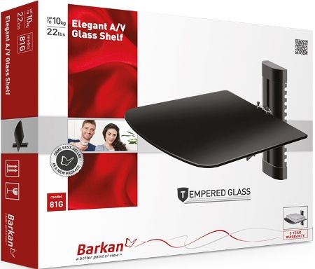 Barkan 81G.B Elegant A/V Glass Shelf, Black, Supported by metal mounts with height adjustment, For weight of up to 22 lbs/10 kg., Height Adjustment, Tempered glass, Cable Managment (BARKAN81GB BARKAN-81GB 81GB 81G-B 81G)