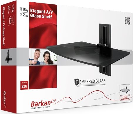 Barkan 82G.B Elegant A/V Glass Shelf, Black; Supported by metal mounts with height adjustment; For weight of up to 22 lbs/10 kg.; Height position adjustment for enhanced viewing experience; Four times stronger than standard glass and does not break into sharp shards when it fails; Holding the cables together (BARKAN82GB BARKAN-82GB 82GB 82G-B 82G)