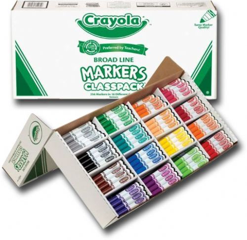 Crayola BAS210 Classic Marker 256 Piece Set; Classic, long-lasting, durable markers that lay down lots of brilliant color yet don't bleed through most paper; Preferred by teachers; Barrels are made from recycled plastic; Non-toxic; Colors subject to change; Broad tip; Packed in a sturdy cardboard box; Dimensions 23.56