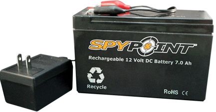 Spypoint BATT-12V Rechargeable Battery And Charger Set, 12 volts 7.0Ah rechargeable battery and AC charger to power the camera, UPC 887157118501 (BATT12V BATT 12V)