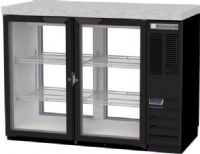 Beverage Air BB48HC-1-FG-PT-B-27 Refrigerated Pass-Thru Back Bar Open Food Rated Refrigerator - 2" Stainless Steel Top - 48"W, Two section, 1/4 HP, 48" W, 34" H, 13.6 cu. ft., 4 glass doors, 4 epoxy coated steel shelves, 2 1/2 barrel keg, LED interior lighting, Galvanized sub top, Stainless steel interior with radius corners is easy to keep clean and meets NSF Standard 7 for open food container, Black exterior finish (BB48HC-1-FG-PT-B-27 BB48HC 1 FG PT B 27 BB48HC1FGPTB27) 