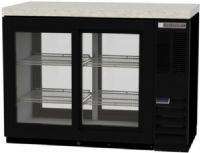 Beverage Air BB48HC-1-GS-F-PT-B-27 Refrigerated Pass-Thru Food Rated Back Bar Storage Cabinet, 48"W, Two section, 48" W, 36" H, 13.6 cu. ft., 4 locking sliding glass doors, 4 epoxy coated steel shelves, 2 - 1/2 barrel keg, LED interior lighting with manual on/off switch, 2" stainless steel top, R290 Hydrocarbon refrigerant, 1/3 HP, Right-mounted self-contained refrigeration, Black Exterior Finish (BB48HC-1-GS-F-PT-B-27 BB48HC 1 GS F PT B 27 BB48HC1GSFPTB27) 
