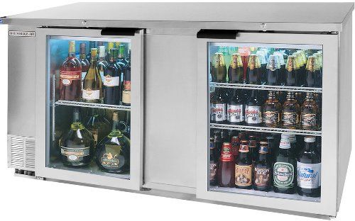 Beverage Air BB68GF-1-S Food Rated Glass Door Back Bar Refrigerator, Stainless Steel, 28 cu.ft. capacity, 2 Doors, 1/3 Horsepower, 4 Shelves, 3 straight wall kegs, Clear Door Width 21