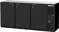 Beverage Air BB72HC-1-B Back Bar Refrigerator with 3 Solid Doors - 72", 19.4 cu. ft. Capacity, 5 Amps, 60 Hertz, 1 Phase, 115 Voltage, 1/4 HP Horsepower, 3 Number of Doors, 3 Number of Kegs, 6 Number of Shelves, 30° - 45° Degrees F Temperature Range, Galvanized steel top, Below Counter Top, Side Mounted Compressor Location, Can hold up to 480 - 12 oz. bottles, 540 - 12 oz. cans, or 505 long neck bottles, Black Exterior Finish (BB72HC-1-B BB72HC 1 B BB72HC1B) 