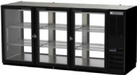 Beverage Air BB72HC-1-GS-F-PT-B Refrigerated Open Food Rated Back Bar Pass-Thru Storage Cabinet, 72"W, Three section, 19.4 Cu. Ft., 72" W, 34" H, 1/4 HP, 6 - locking sliding glass doors, 6 - epoxy coated steel shelves, 3 1/2 barrel kegs, LED interior lighting with manual on/off switch, Galvanized top, Right-mounted self-contained refrigeration, R290 Hydrocarbon refrigerant, 120V Voltage, Side Mounted Compressor, Black Exterior Finish (BB72HC-1-GS-F-PT-B BB72HC 1 GS F PT B BB72HC1GSFPTB) 