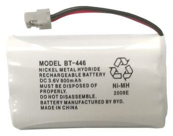 Uniden BBTY0504101 model BT446 Nickel Metal Hydride Rechargeable Cordless Phone Battery Pack; Equivalent to Uniden BT909 BT1005 BT504; Fits WHAM; DC 3.6V 800mAh; Also known as BBTY0504001, Genuine Original OEM Uniden; Originally Shipped with Uniden Phones; Manufactured in China by BYD for Uniden; Works with DCT646 DCT6465 DCT648 DCT6485 DCX640 DCT746 DCT746M DCT748 DCT7488 DCX700 TRU446 TRU4465 TRU448 TRU4485 TXC400 TRU5860 TRU5860-2 TRU5865 TRU5865-2 TRU5885 TRU5885-2 TXC580 (BT-446)