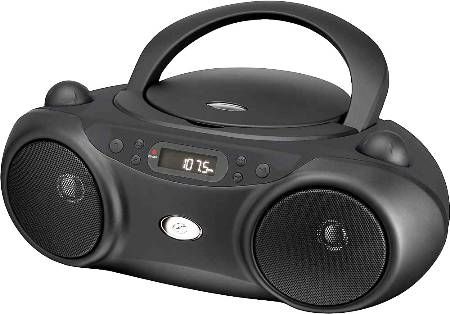 GPX BC232B Portable CD and Radio Boombox, Black, CD player (CD, CD-R/RW), Programmable tracks, Top-load disc player, Volume control, Built-in stereo speakers, Telescopic FM antenna, LCD Display with white backlight, 3.5mm audio input, Built in AC power cable, Requires 6 C batteries (not included), UPC 047323232046 (BC-232B BC 232B BC232)