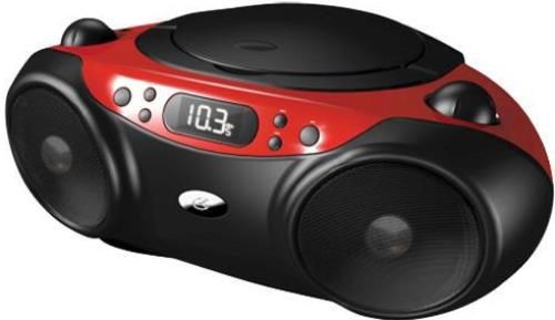GPX BC232R Portable CD and Radio Boombox, Red, CD player (CD, CD-R/RW), Programmable tracks, Top-load disc player, Volume control, Built-in stereo speakers, Telescopic FM antenna, LCD Display with white backlight, 3.5mm audio input, Built in AC power cable, Requires 6 C batteries (not included), UPC 047323232039 (BC-232R BC 232R BC232)