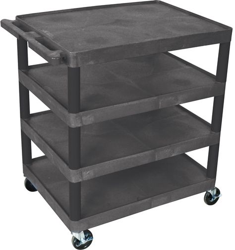 Luxor BC40-B Four Flat Shelf Strutural Foam Plastic Cart, Black, Retaining lip around back and sides of flat shelves, Includes durable heavy duty 4