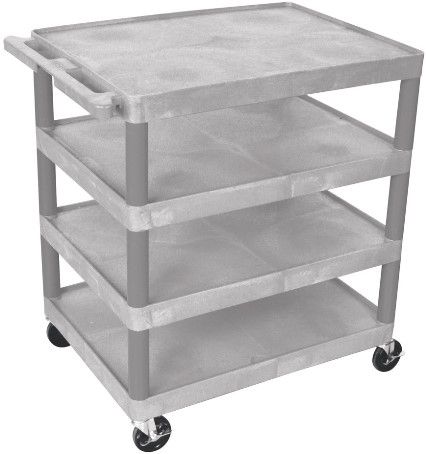 Luxor BC40-G Four Flat Shelf Strutural Foam Plastic Cart, Gray, Retaining lip around back and sides of flat shelves, Includes durable heavy duty 4