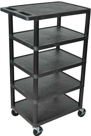 Luxor BC50-B Five Flat Shelf Strutural Foam Plastic Cart, Black, Retaining lip around back and sides of flat shelves, Includes durable heavy duty 4