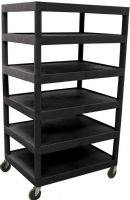 Luxor BC60-B Six Flat Shelf Strutural Foam Plastic Cart, Black, Retaining lip around back and sides of flat shelves, Includes durable heavy duty 4" casters two with brake, Has 6 shelves, 24"D x 32"W x 58 1/4"H, Clearance between shelves is 7 3/4", Easy assembly, Made in USA, UPC 812552018774 (BC60B BC60 B BC-60-B BC 60-B) 