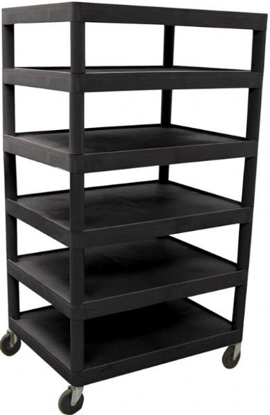 Luxor BC60-B Six Flat Shelf Strutural Foam Plastic Cart, Black, Retaining lip around back and sides of flat shelves, Includes durable heavy duty 4