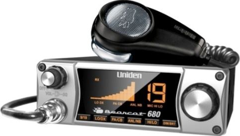 Uniden BC680 model Bearcat 680 CB Radio with Ergonomic Pistol Grip Mic, 40 Channel operation, Dynamic squelch control, Mic gain HI/LO button, Extra long mic cord, 4-6 pin adapter available, Channel indicator, Instant channel 9/19, PA/CB switch, Large digital S/RF meter, Backlit control knobs/buttons, Local/DX, ANL/Noise Blanking, UPC 050633550502 (BC680 BC-680 BC 680)
