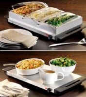 Nostalgia Electrics BCD992 Three-Station Stainless Steel Buffet & Warming Tray, Three individual stainless steel chafing dishes, which hold 2.5 quarts, Each dish comes with clear dome polycarbonate lids that seal in the heat and flavor of the food, 120V Voltage, Dimension L 25.5 X W 15 X H 6, Weight 12.8 lbs., UPC 082677139924 (BCD-992 BCD 992 BC-D992) 