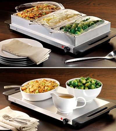 Nostalgia Electrics BCD992 Three-Station Stainless Steel Buffet & Warming Tray, Three individual stainless steel chafing dishes, which hold 2.5 quarts, Each dish comes with clear dome polycarbonate lids that seal in the heat and flavor of the food, 120V Voltage, Dimension L 25.5 X W 15 X H 6, Weight 12.8 lbs., UPC 082677139924 (BCD-992 BCD 992 BC-D992)