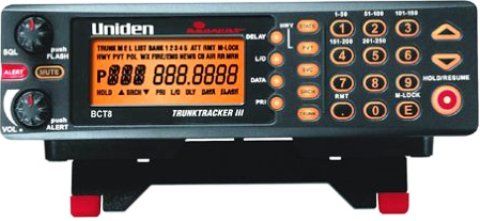 Uniden BC-T8 BearTracker Warning System with 800 MHz TrunkTracker III Preprogramed Scanner, 250 User Programmable Memories, 250 Channels, 14 Band coverage; Frequency Coverage (BCT8); Preprogrammed Service Search; Preprogrammed Highway Patrol Frequencies by State; Search Lockouts; Backlit Display; UPC 050633650349 (BC T8 BCT8 T8 Bear Tracker)