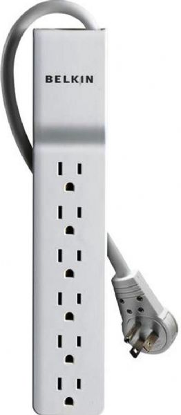 Belkin BE106000-08R Home/Office Outlets Surge Suppressor, 6 Receptacles, 1 Input Connectors, 15 A Max Electric Current, Standard Surge Suppression, 720 Joules Surge Energy Rating, 43 dB EMI/RFI Noise Filtration, 330 V Clamping Level, 6000 V Max Spike Voltage, 48000 A Max Spike Current, 1 x power cable - integrated - 8 ft Cables Included, Overload protection, 360 degree rotating plug Features, UPC 722868594483 (BE10600008R BE106000-08R BE106000 08R)