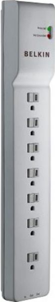 Belkin BE107200-06 Home Series Surge suppressor, 7 x AC Power Receptacles, 1 Input Connectors, Phone line Dataline Surge Protection, Standard Surge Suppression, 2320 Joules Surge Energy Rating, 1 x power cable - integrated - 6 ft Cables Included, UPC 722868594278 (BE10720006 BE107200-06 BE107200 06)