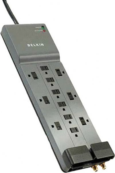 Belkin BE112230-08 Home/Office Surge Protector with Telephone and Coaxial Protection, 12 Receptacles, 1 Input Connectors, Anenna Phone line - 1 input line / 2 output lines Dataline Surge Protection, Standard Surge Suppression, 3780 Joules Surge Energy Rating, 1 x power cable - integrated - 8 ft Cables Included, UPC 722868594322 (BE11223008 BE112230-08 BE112230 08)