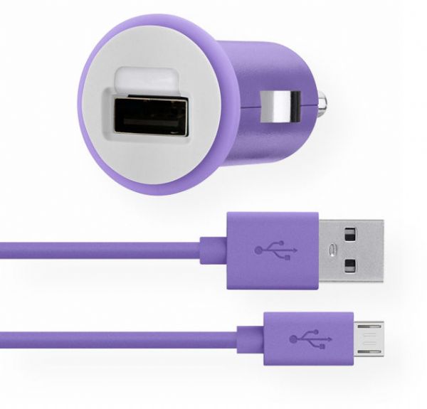 Belkin F8M700BT04-P Belkin Mixit 2.1 Amp Car Charger with 4-Foot Micro USB Charging Cable Purple Color; Sleek, compact design; Includes removable Micro USB cable; Compatible with mobile devices with USB ports; Belkin Safety Assurance, Intelligent circuitry with built in voltage sensing detects and responds your device's power needs; Dimensions 52.9