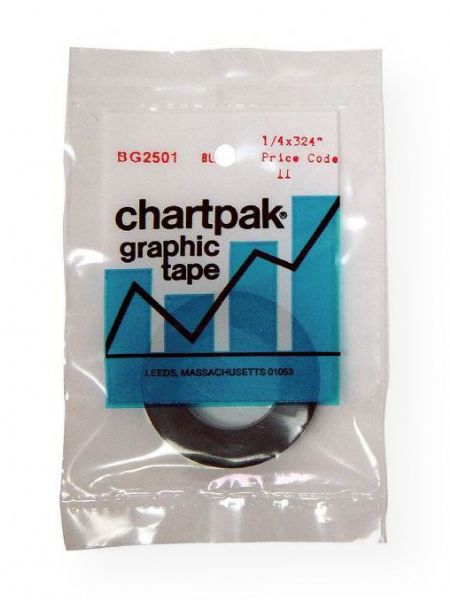Chartpak BG2501 Graphic Tape Black Gloss .25 x 324; Create even, solid lines for charts and decorations; Shipping Weight 0.06 lb; Shipping Dimensions 5.3 x 3.5 x 0.3 in; UPC 014173008213 (CHARTPAKBG2501 CHARTPAK-BG2501 CHARTPAK/BG2501 ARTWORK CRAFTS)