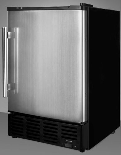Summit BIM24 Compact Ice Maker, Black Cabinet with a Platinum Door and Chrome Handle, Capable of built-in or free-standing use, Manual defrost, Produces clear ice cubes, Insulated ice storage bin with 10 lb. capacity, Production capacity of 24 lb. per day, Internal or external drainage, Use with drain or no drain, Front opening door, UPC 761101021263 (BIM-24 BIM 24)