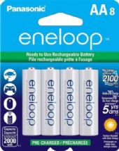 Panasonic BK-3MCCA8BA Eneloop(R) Batteries AA 8-Pack; eneloop Ni-MH 2000mAh typical /1900mAh minimum (AA); 800mAh typical / 750mAh minimum (AAA); Hold up to 70% of their charge after 5 years of non-use; Can be recharged up to 2100 times; Pre-charged at the factory using power generated from solar energy and ready to use right out of the package; UPC 073096902022 (BK-3MCCA8BA BK-3MCCA8BA) 