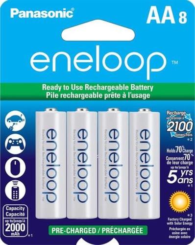 Panasonic BK-3MCCA8BA Eneloop(R) Batteries AA 8-Pack; eneloop Ni-MH 2000mAh typical /1900mAh minimum (AA); 800mAh typical / 750mAh minimum (AAA); Hold up to 70% of their charge after 5 years of non-use; Can be recharged up to 2100 times; Pre-charged at the factory using power generated from solar energy and ready to use right out of the package; UPC 073096902022 (BK-3MCCA8BA BK-3MCCA8BA)