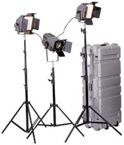 HamiltonBuhl BLK-TRIO Buhllite 3 Unit 70 Watt Deluxe Location Kit; Includes (2) SC-70-3K Softcube fixtures, (1) F-70-M Fresnel, (3) 10' extendable Stands & (3) Stud Adapters in Soft Carry Rolling Case with handle; Welded Sheet Steel Construction; Ratings 120V, 0.6 A, 75 watt Max; Ballast 70 Watt, Auto Ranging Universal Input 120-277 V 50/60 Hz Multi Voltage input (HAMILTONBUHLBLKTRIO BLKTRIO BLK TRIO)