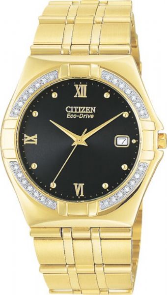 Citizen BM0722-57E Eco-Drive Men's Elektra Diamond Watch, Solid Gold Tone Stainless Steel Case and Bracelet, 28 Genuine Diamond Accents on Bezel, Date Display at 3 o'clock, Water Resistant to 30 Meters/100 ft, 180-Day Power reserve, Scratch Resistant Mineral crystal (BM0722-57E BM0722 57E BM072257E BM0722)