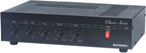 Bogen C35 Classic Series Public Address Amplifier; PLL-synthesized tuning with digital readout; 35 watts Power Output (RMS); 4 inputs: 1 MIC (Lo-Z), 1 AUX (Hi-Z), 1 TEL, plus 1 selectable MIC or AUX; Each input controlled by an independent volume control; Treble and bass controls; AUX muting by external contact closure for push-to-talk microphones; UPC 765368330335 (BOGENC35 C-35 C 35)