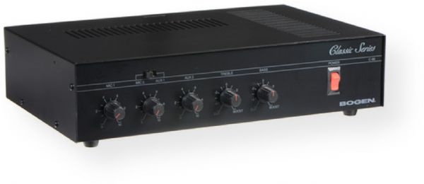 Bogen C60 Classic Series Public Address Amplifier; PLL-synthesized tuning with digital readout; 60 watts Power Output (RMS); 4 inputs: 1 MIC (Lo-Z), 1 AUX (Hi-Z), 1 TEL, plus 1 selectable MIC or AUX; Each input controlled by an independent volume control; Treble and bass controls; AUX muting by external contact closure for push-to-talk microphones; UPC 765368330410 (BOGENC60 C-60 C 60)